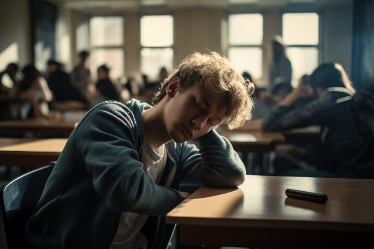 bored blonde student sleeping on his desk in the school classroom. holding his head with his hand